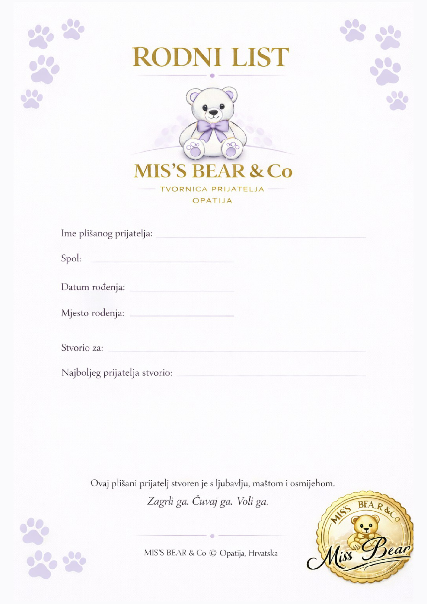 Rodni list plišanog prijatelja Mis's Bear & Co
