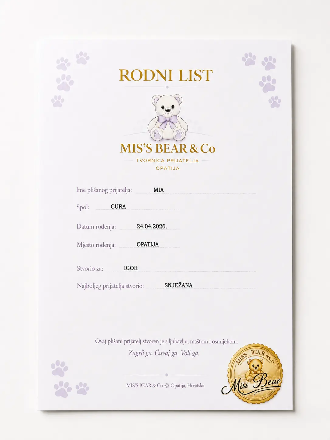 Rodni list plišanog prijatelja, Mis's Bear & Co